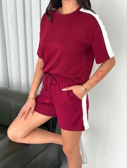 Osy Modal Yumuşak Dokulu Kumaş Parçalı Bisiklet Yaka T-shirt Kısa Şort İkili Takım -  Bordo resmi